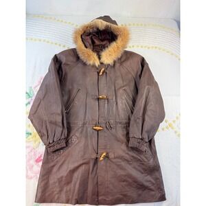 Greg Bell Men's Brown Leather Fur Hooded Duffle Coat Parka Size M